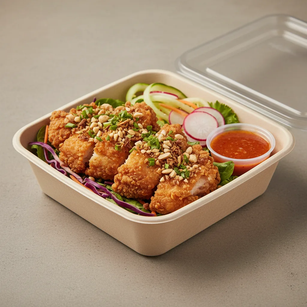 Bowl Boxed Lunch — Crispy Chicken with Salad and Spicy Sauce