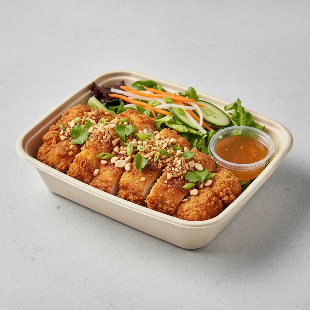 Bowl Boxed Lunch — Crispy Chicken with Salad and Nouc Chom Sauce
