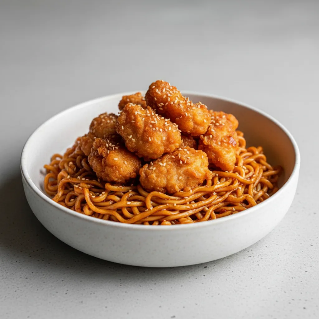 Korean Spice Bowl — Hibachi Noodles with Crispy Tempura Chicken Korean Spice Bowl — Hibachi Noodles with Crispy Tempura Chicken