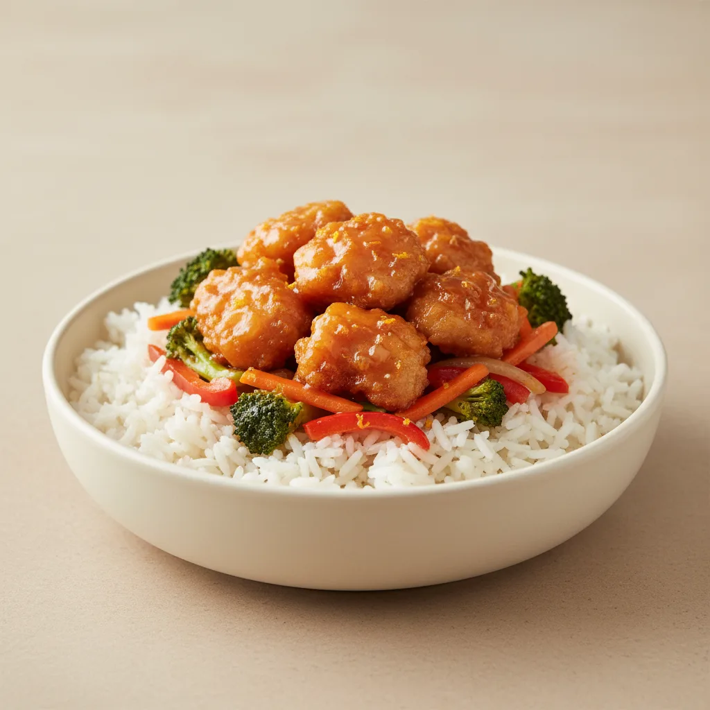 Orange Ginger Bowl — Jasmine Rice / Tempura Plant-based Chicken Orange Ginger Bowl — Jasmine Rice / Tempura Plant-based Chicken