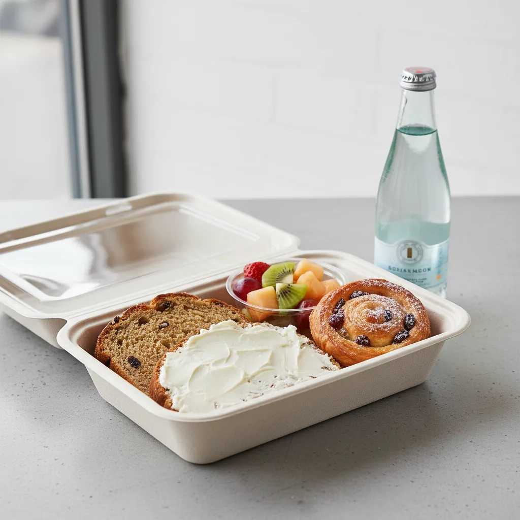 The Breakfast Box — Raisin Nut Bread with Cream Cheese, Raisin Danish, Sparkling Water