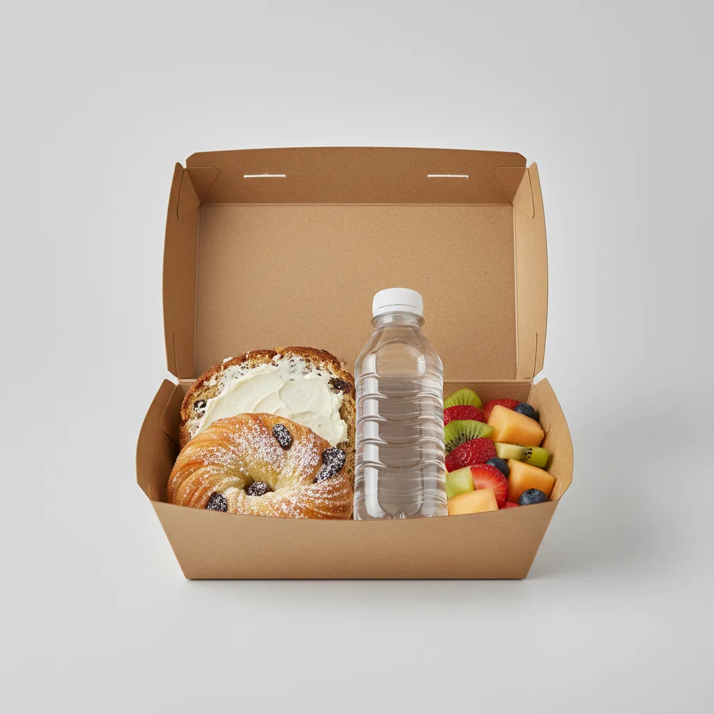 The Breakfast Box — Raisin Nut Bread with Cream Cheese, Raisin Danish, Flat Water