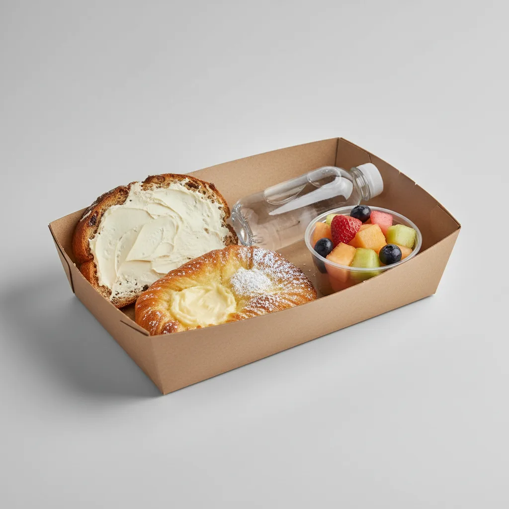 The Breakfast Box — Raisin Nut Bread with Cream Cheese, Cheese Danish, Flat Water