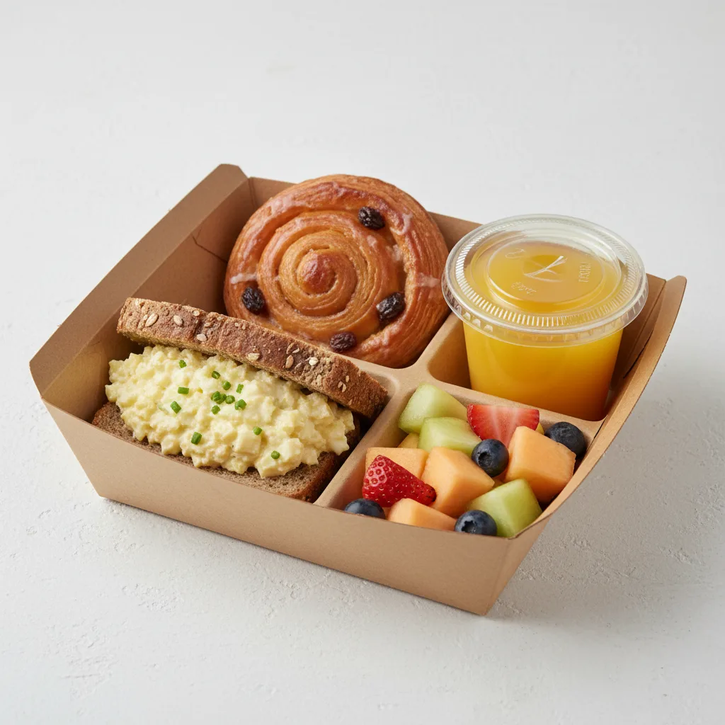The Breakfast Box — Egg Salad on Health Bread, Raisin Danish, Orange Juice