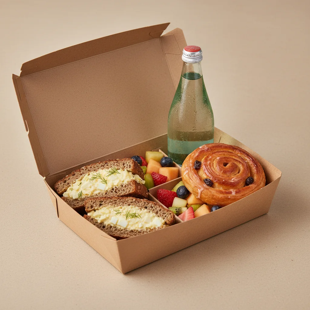 The Breakfast Box — Egg Salad on Health Bread, Raisin Danish, Sparkling Water