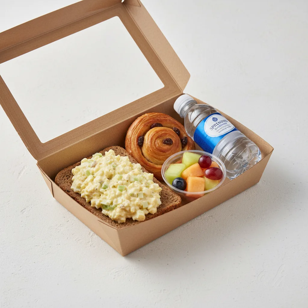 The Breakfast Box — Egg Salad on Health Bread, Raisin Danish, Flat Water
