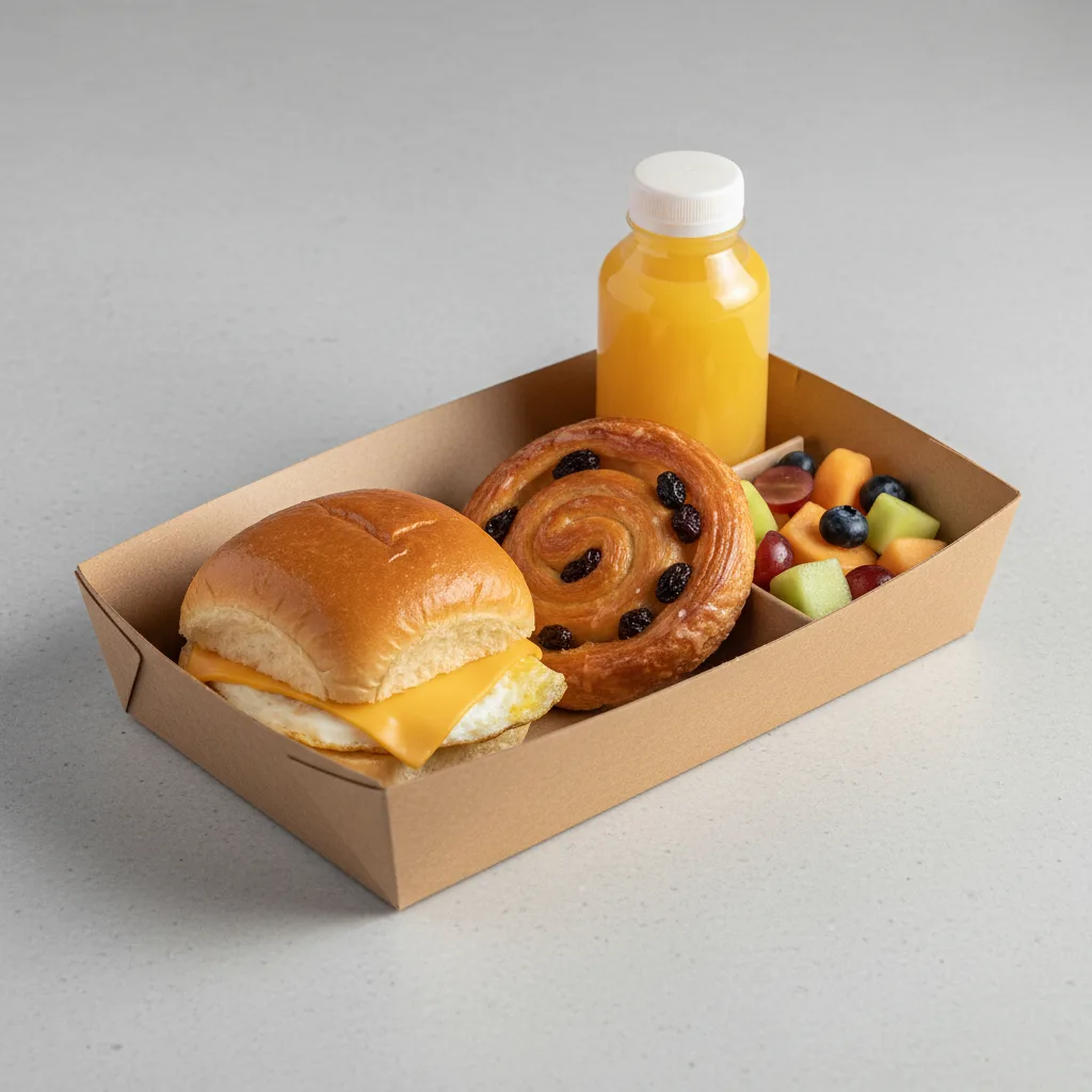 The Breakfast Box — Egg and Cheese on Brioche Roll, Raisin Danish, Orange Juice