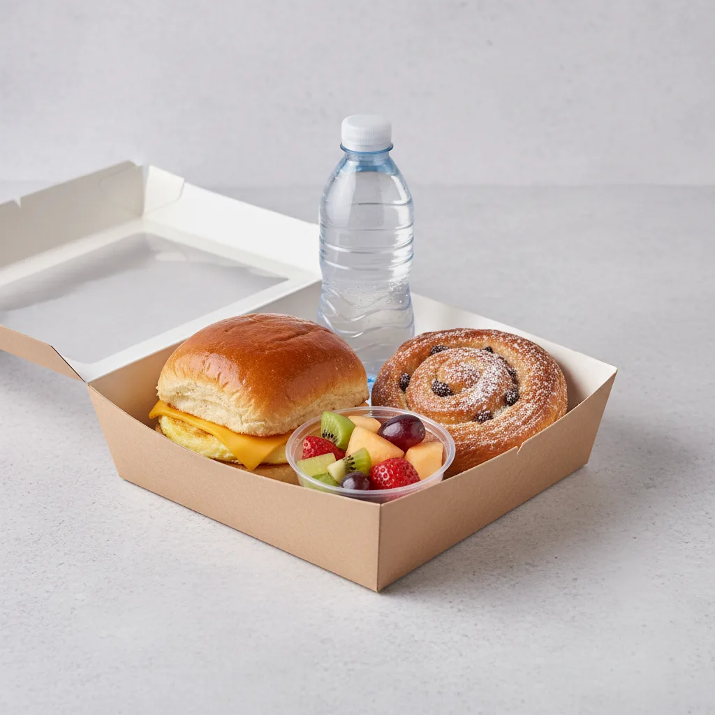 The Breakfast Box — Egg and Cheese on Brioche Roll, Raisin Danish, Flat Water