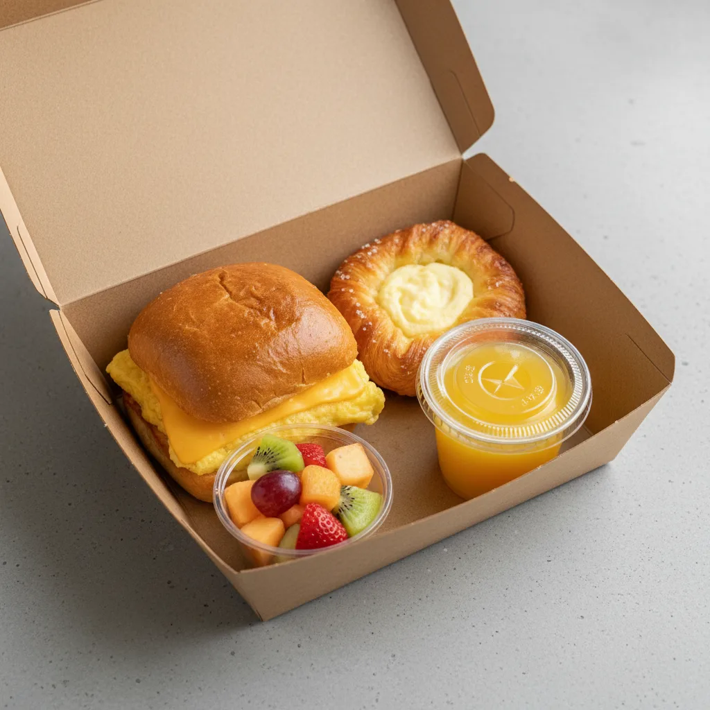 The Breakfast Box — Egg and Cheese on Brioche Roll, Cheese Danish, Orange Juice