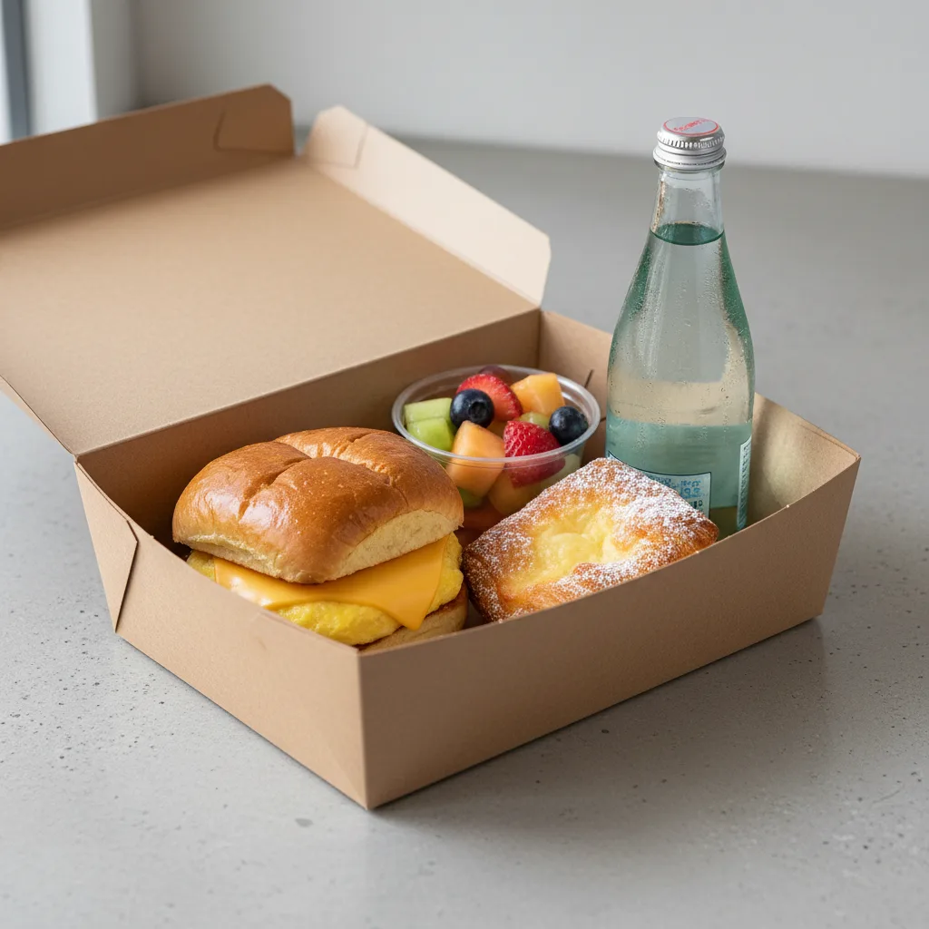 The Breakfast Box — Egg and Cheese on Brioche Roll, Cheese Danish, Sparkling Water