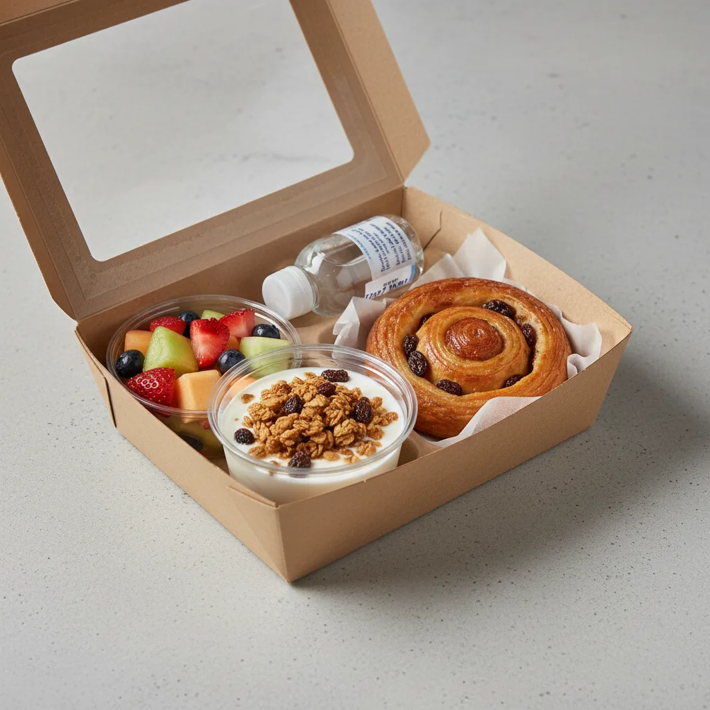 The Breakfast Box — Eli's Granola with Yogurt, Raisin Danish, Flat Water