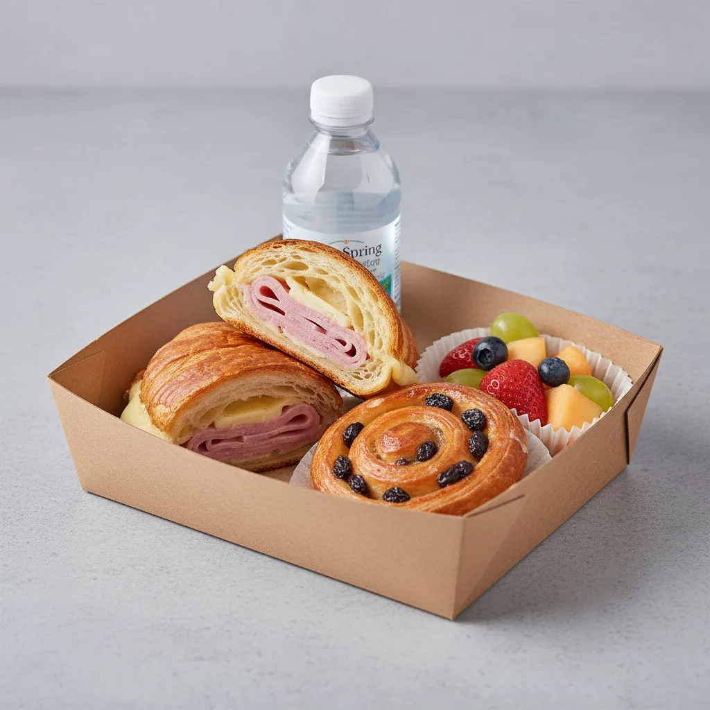 The Breakfast Box — Ham and Cheese Croissant, Raisin Danish, Flat Water