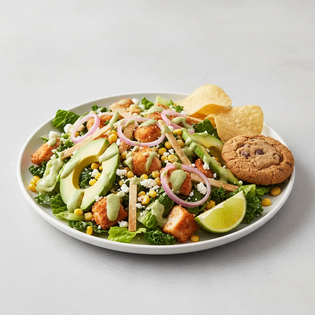 Crispy Chicken Poblano Salad with Chips and Cookie