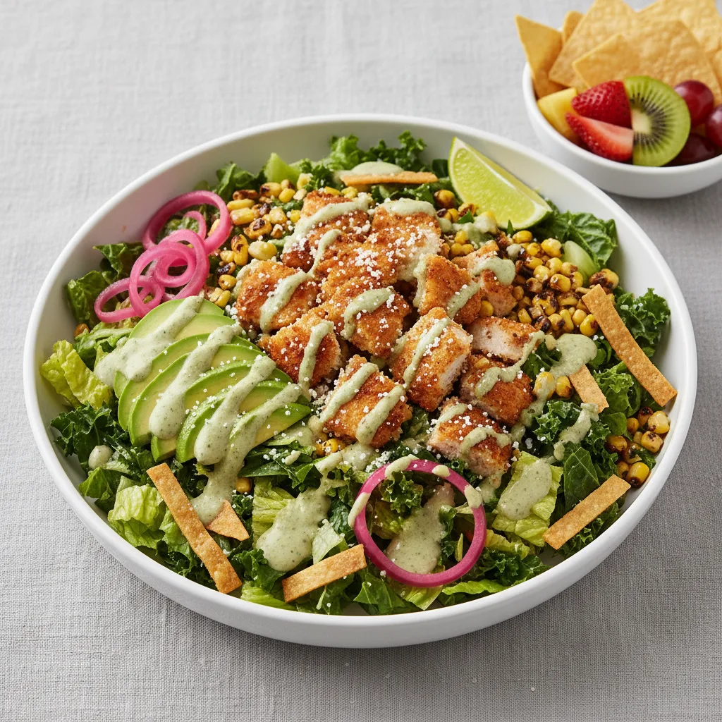 Crispy Chicken Poblano Salad with Chips and Fruit
