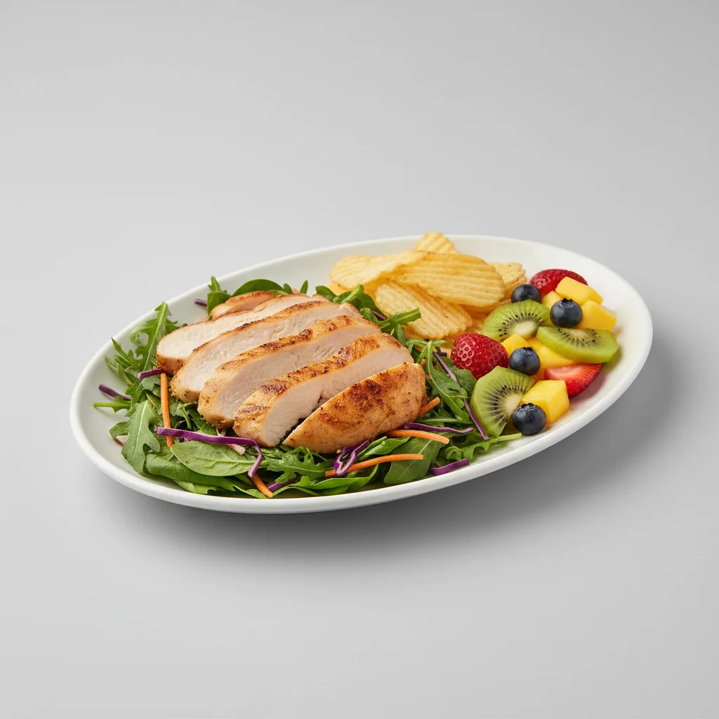 Tokyo Supergreens with Oven Roasted Chicken Salad with Chips and Fruit