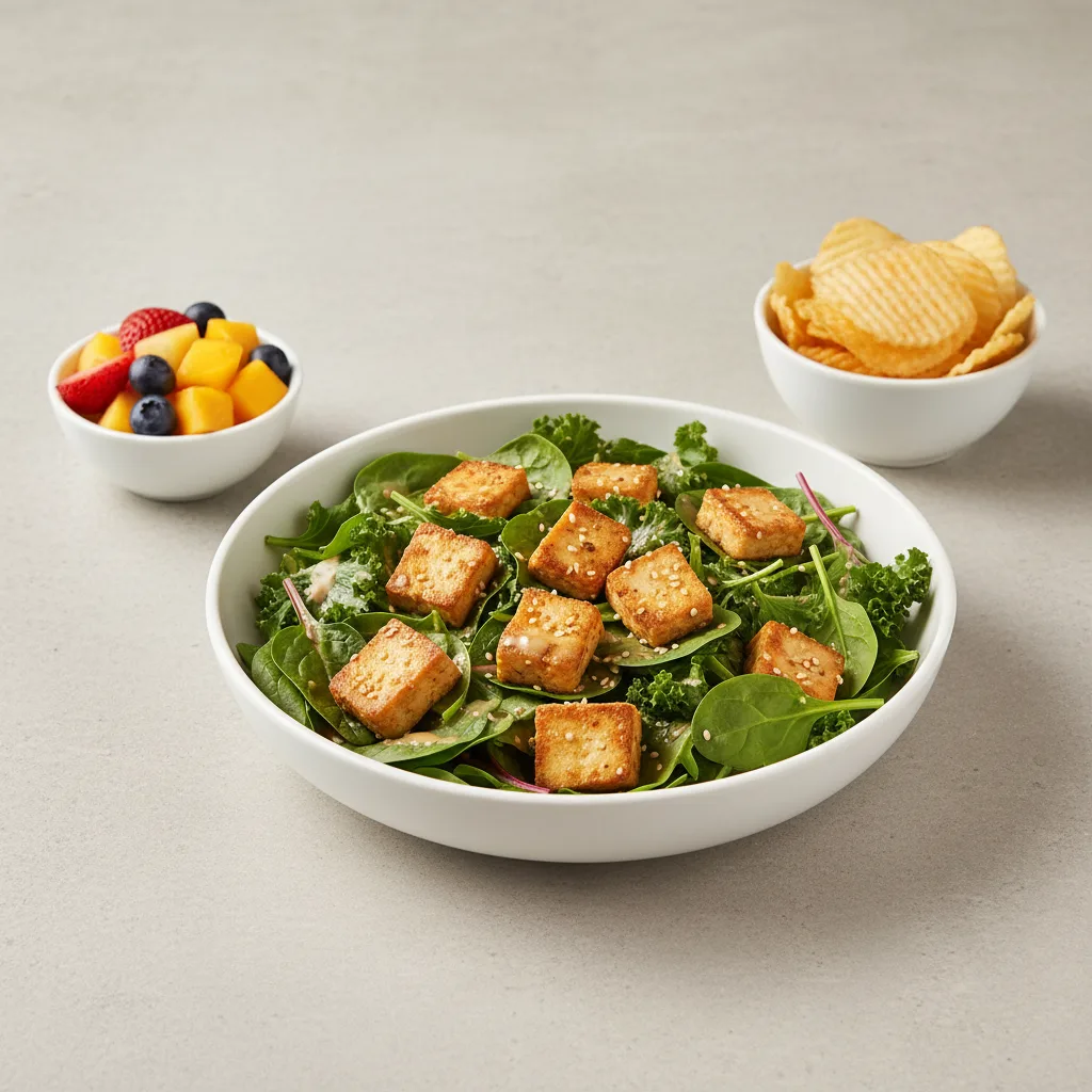 Tokyo Supergreens with Organic Sesame Tofu Salad with Chips and Fruit