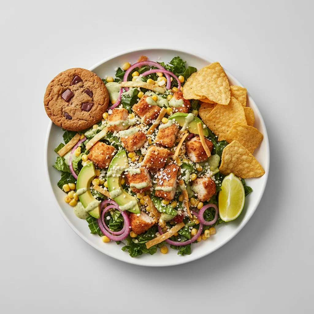 Crispy Chicken Poblano Salad with Chips and Cookie Crispy Chicken Poblano Salad with Chips and Cookie