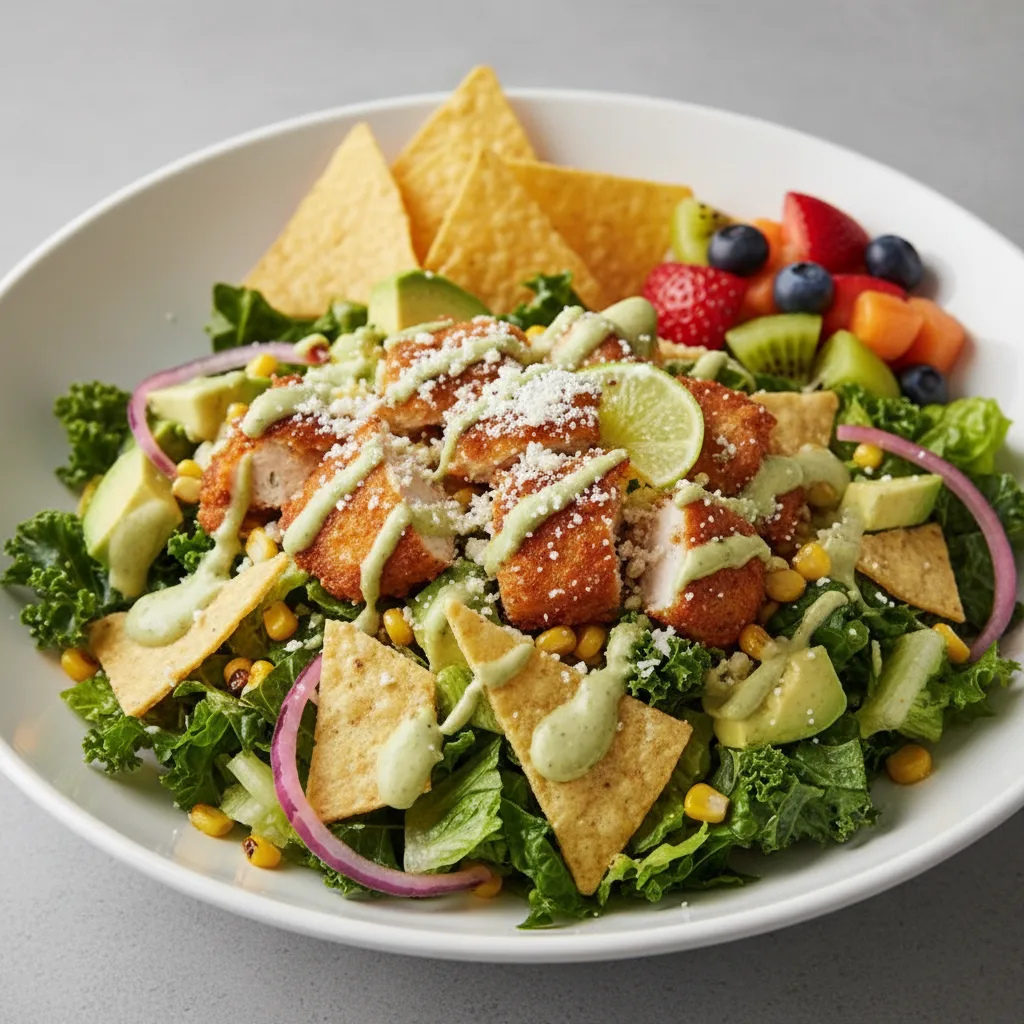 Crispy Chicken Poblano Salad with Chips and Fruit Crispy Chicken Poblano Salad with Chips and Fruit