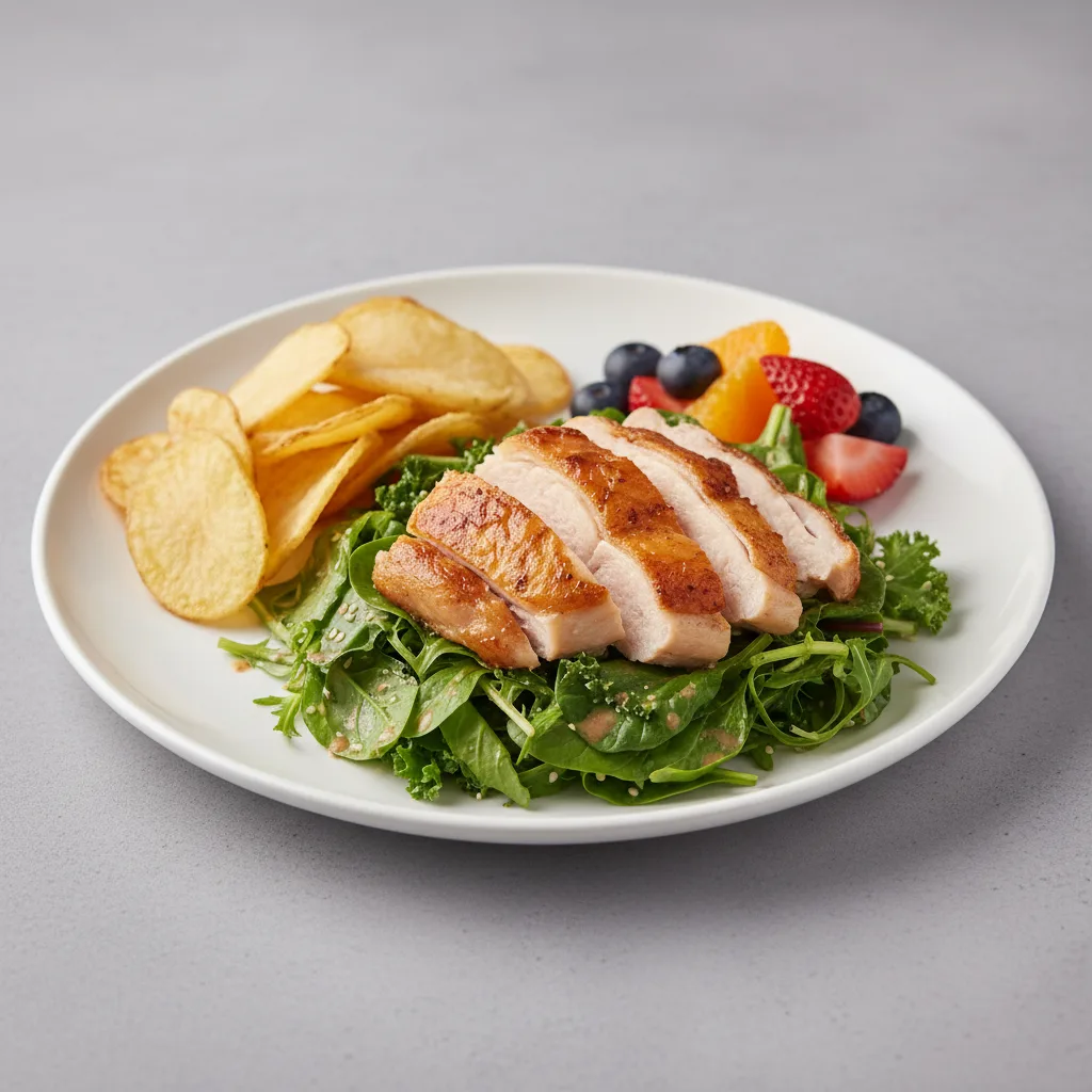 Tokyo Supergreens with Oven Roasted Chicken Salad with Chips and Fruit Tokyo Supergreens with Oven Roasted Chicken Salad with Chips and Fruit