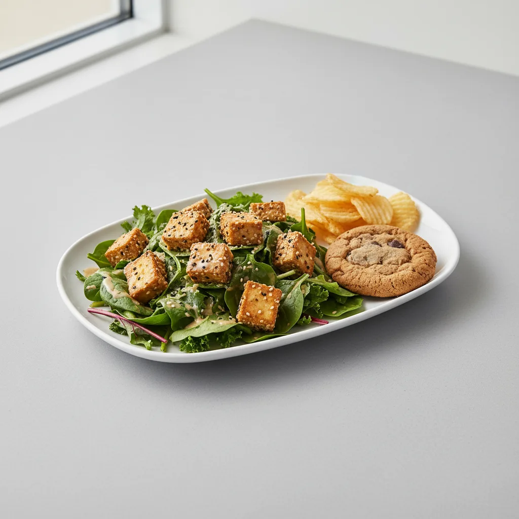 Tokyo Supergreens with Organic Sesame Tofu Salad with Chips and Cookie Tokyo Supergreens with Organic Sesame Tofu Salad with Chips and Cookie