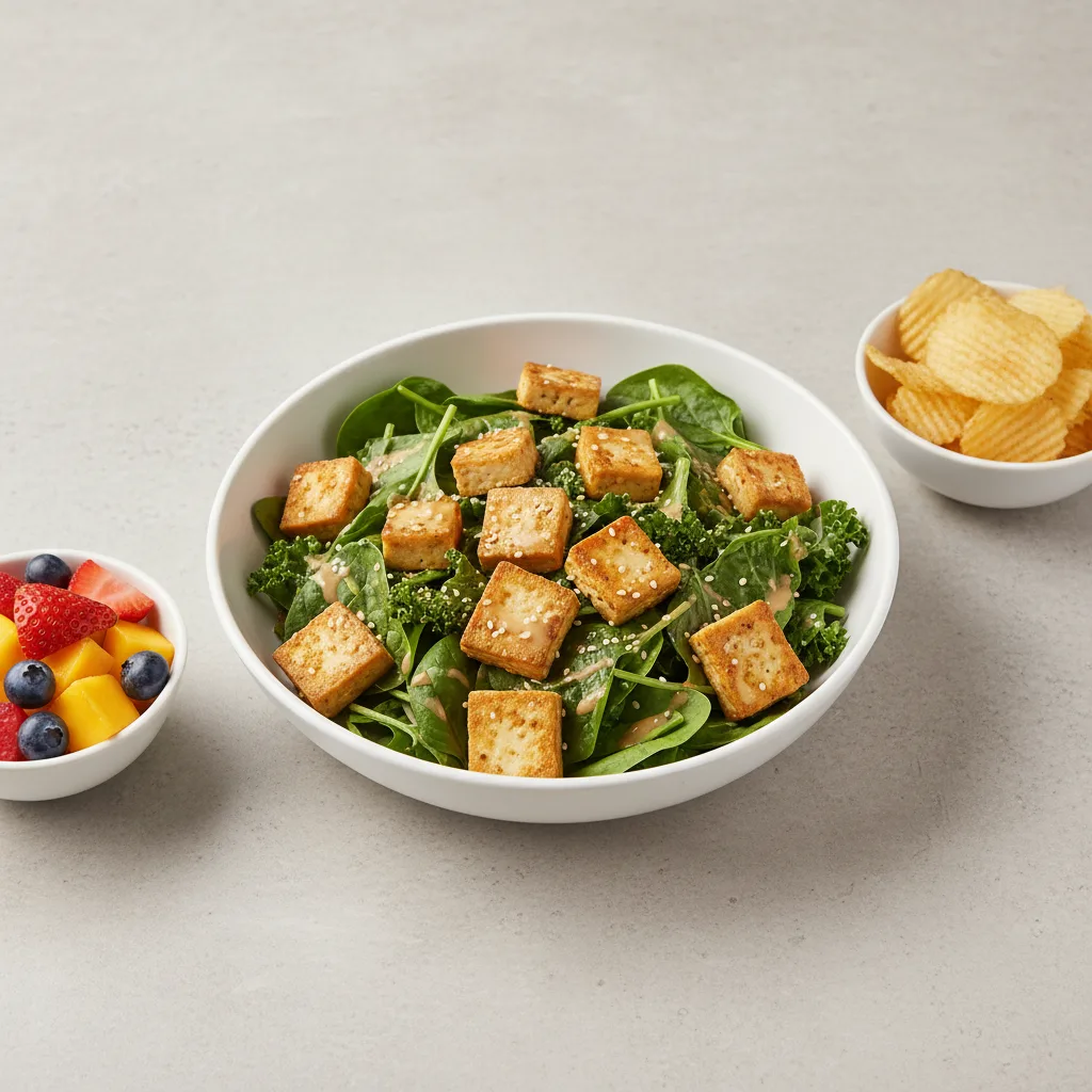 Tokyo Supergreens with Organic Sesame Tofu Salad with Chips and Fruit Tokyo Supergreens with Organic Sesame Tofu Salad with Chips and Fruit