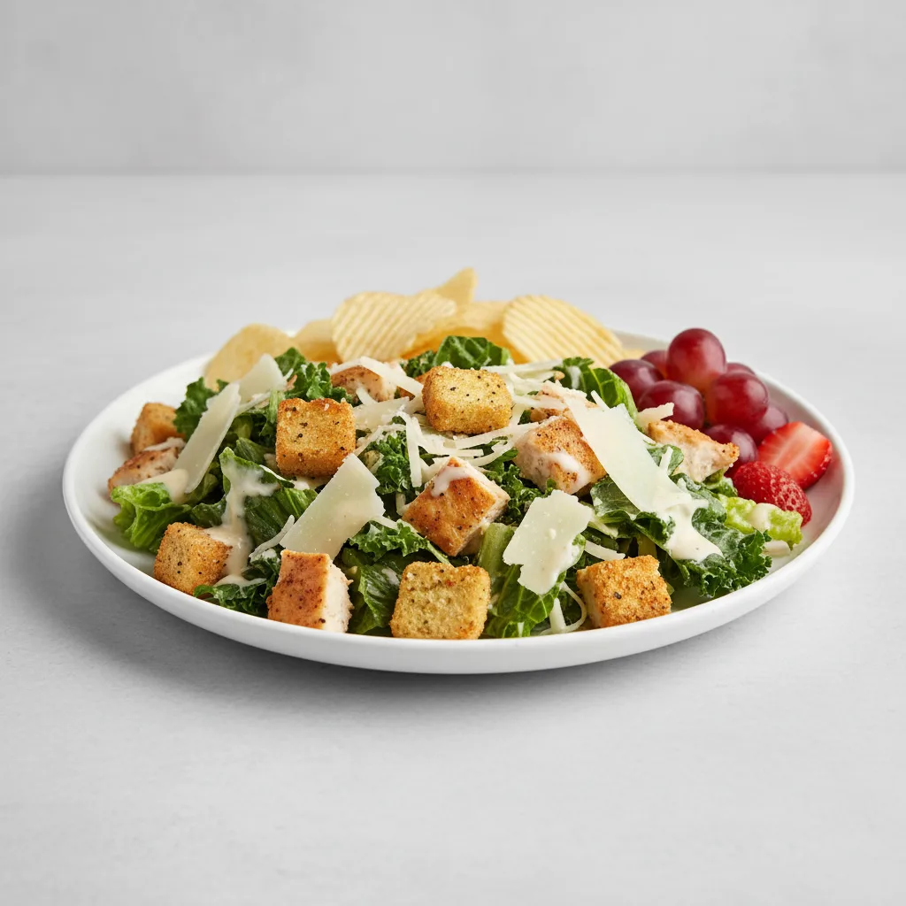 Chicken Caesar Salad with Chips and Fruit Chicken Caesar Salad with Chips and Fruit