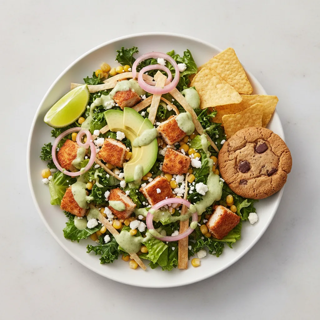 Crispy Chicken Poblano Salad with Chips and Cookie Crispy Chicken Poblano Salad with Chips and Cookie