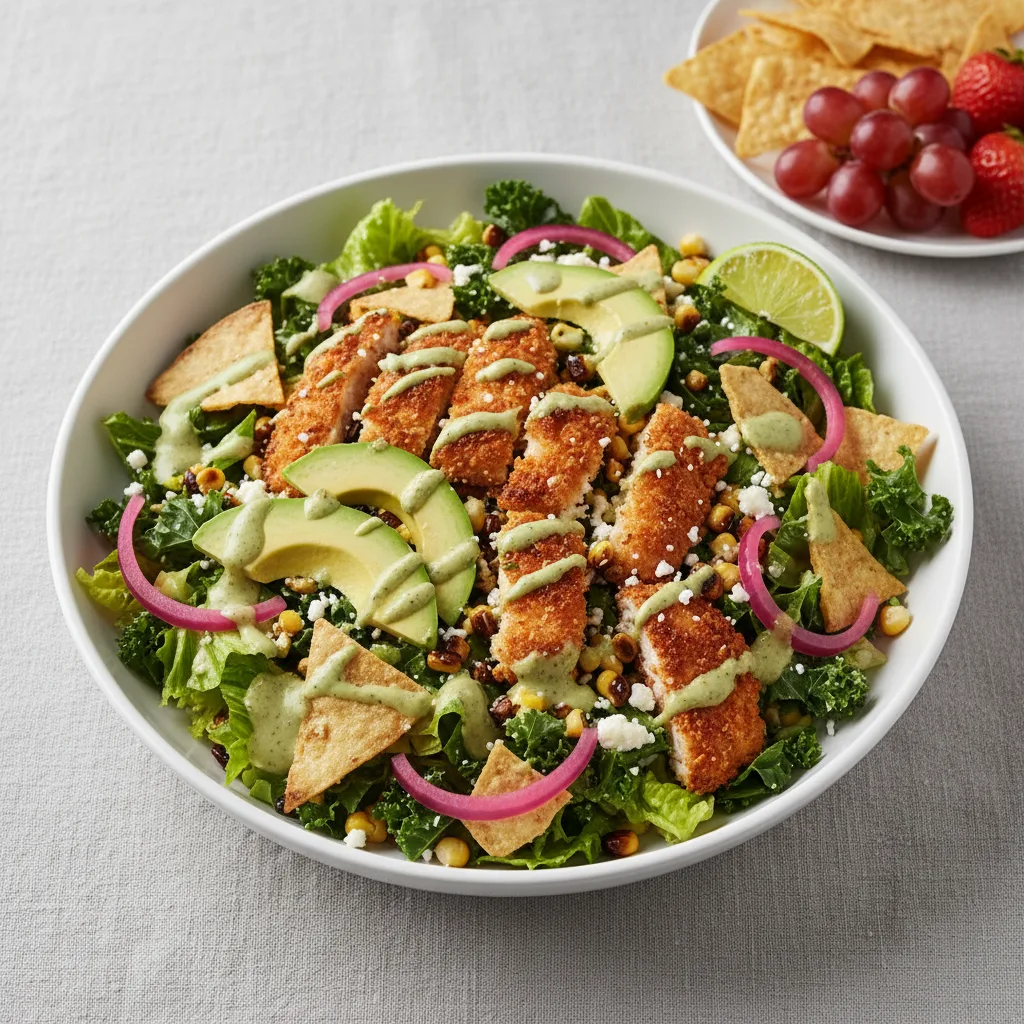 Crispy Chicken Poblano Salad with Chips and Fruit Crispy Chicken Poblano Salad with Chips and Fruit