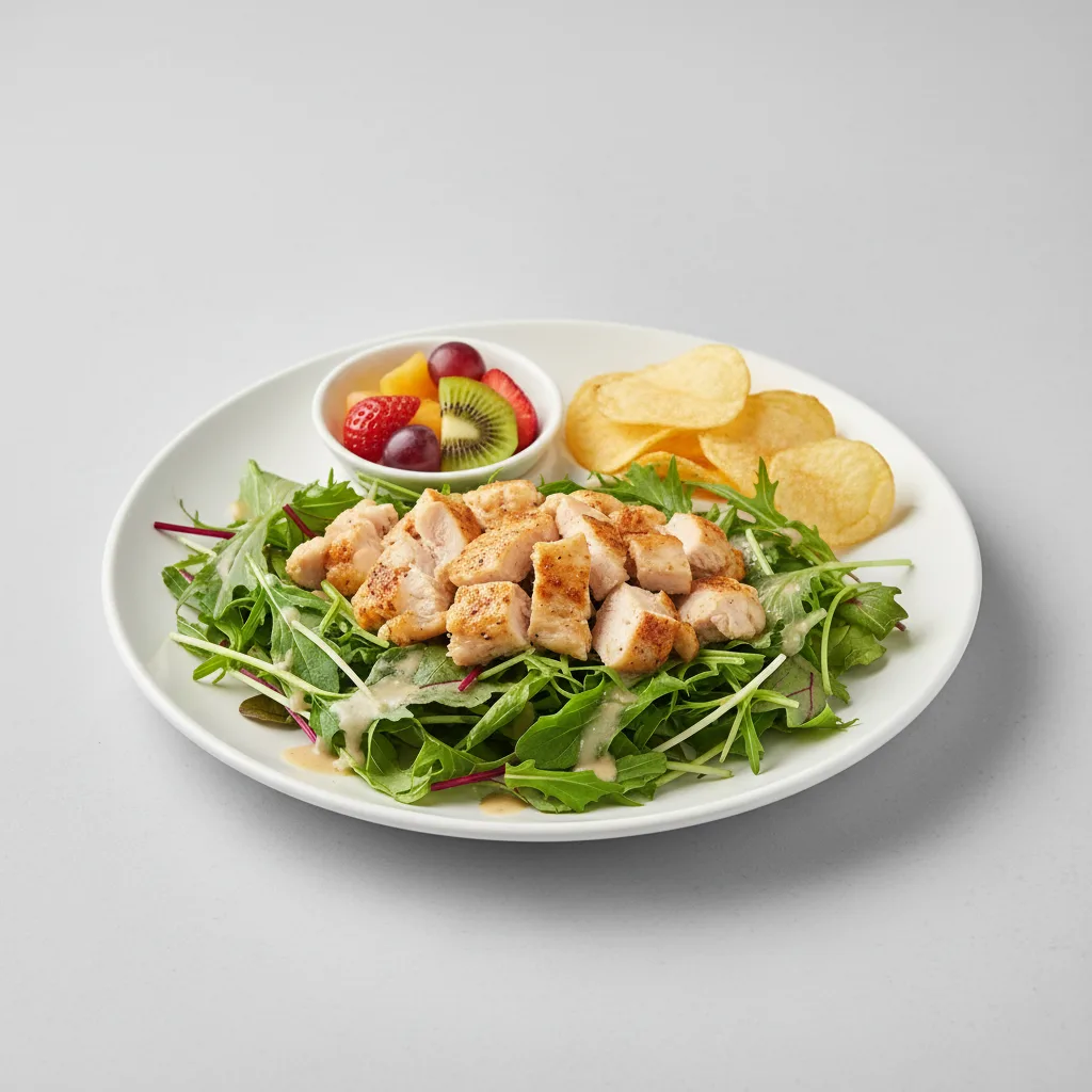 Tokyo Supergreens with Oven Roasted Chicken Salad with Chips and Fruit Tokyo Supergreens with Oven Roasted Chicken Salad with Chips and Fruit