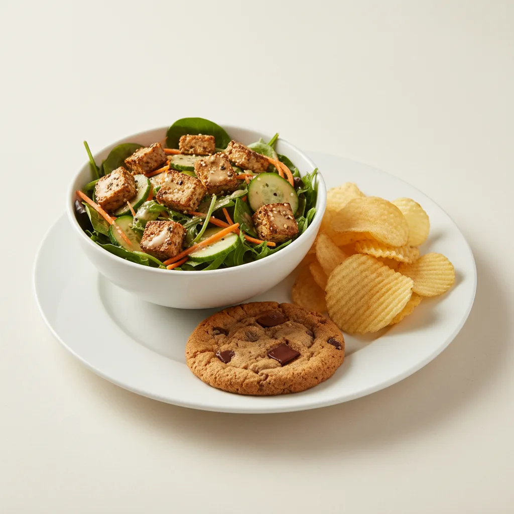 Tokyo Supergreens with Organic Sesame Tofu Salad with Chips and Cookie Tokyo Supergreens with Organic Sesame Tofu Salad with Chips and Cookie