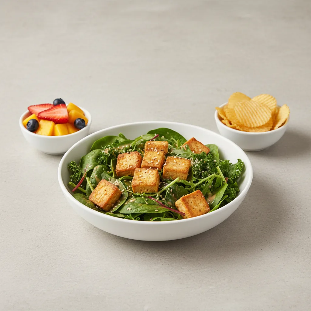 Tokyo Supergreens with Organic Sesame Tofu Salad with Chips and Fruit Tokyo Supergreens with Organic Sesame Tofu Salad with Chips and Fruit