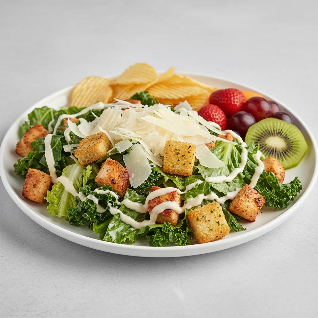 Chicken Caesar Salad with Chips and Fruit Chicken Caesar Salad with Chips and Fruit