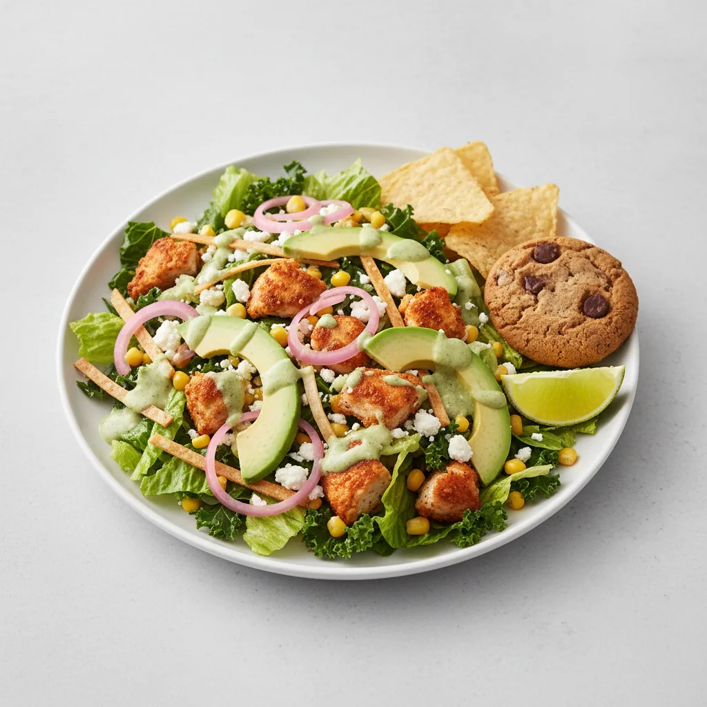 Crispy Chicken Poblano Salad with Chips and Cookie Crispy Chicken Poblano Salad with Chips and Cookie