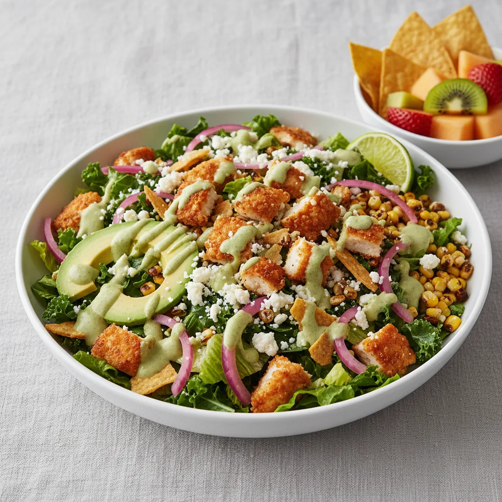 Crispy Chicken Poblano Salad with Chips and Fruit Crispy Chicken Poblano Salad with Chips and Fruit