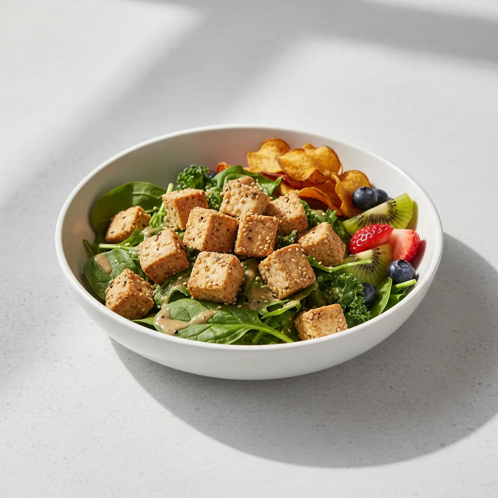 Tokyo Supergreens with Organic Sesame Tofu Salad with Chips and Fruit Tokyo Supergreens with Organic Sesame Tofu Salad with Chips and Fruit