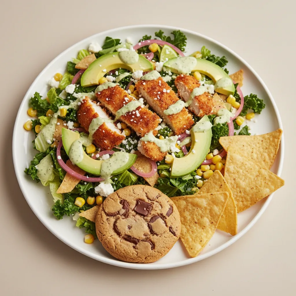 Crispy Chicken Poblano Salad with Chips and Cookie Crispy Chicken Poblano Salad with Chips and Cookie