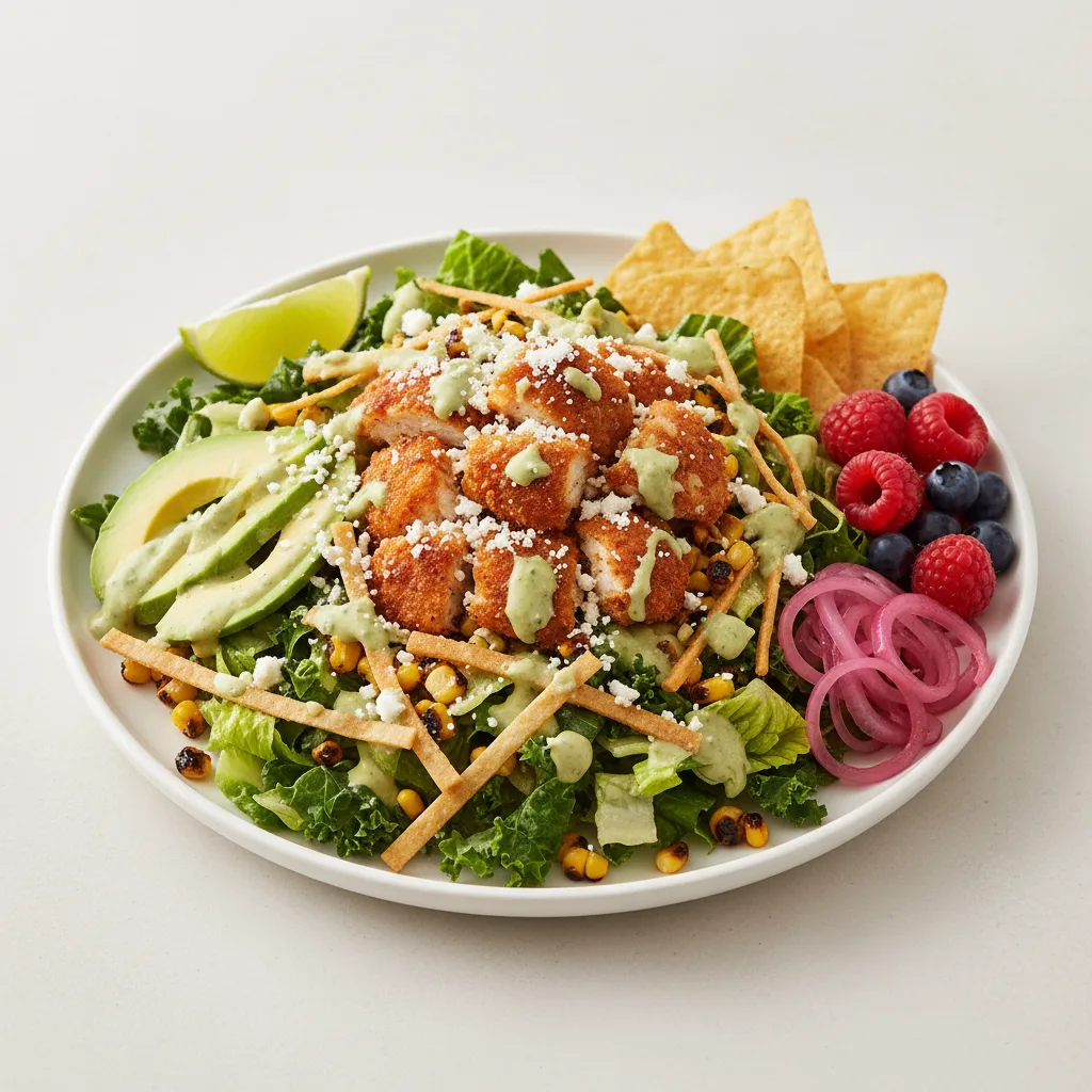 Crispy Chicken Poblano Salad with Chips and Fruit Crispy Chicken Poblano Salad with Chips and Fruit