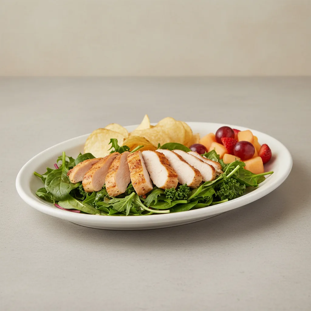 Tokyo Supergreens with Oven Roasted Chicken Salad with Chips and Fruit Tokyo Supergreens with Oven Roasted Chicken Salad with Chips and Fruit