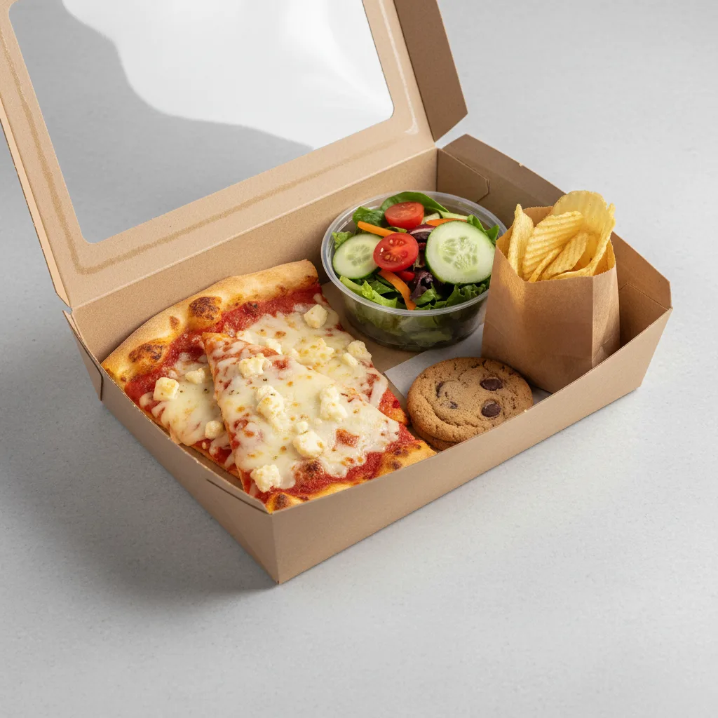 Feta Cheese Pizza Boxed Lunch - Garden Salad Feta Cheese Pizza Boxed Lunch - Garden Salad