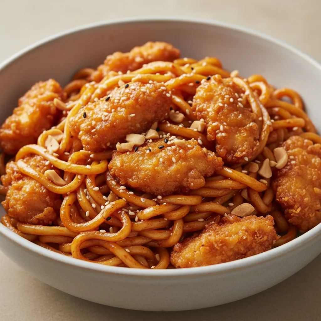 Korean Spice Bowl — Hibachi Noodles with Crispy Tempura Chicken Korean Spice Bowl — Hibachi Noodles with Crispy Tempura Chicken