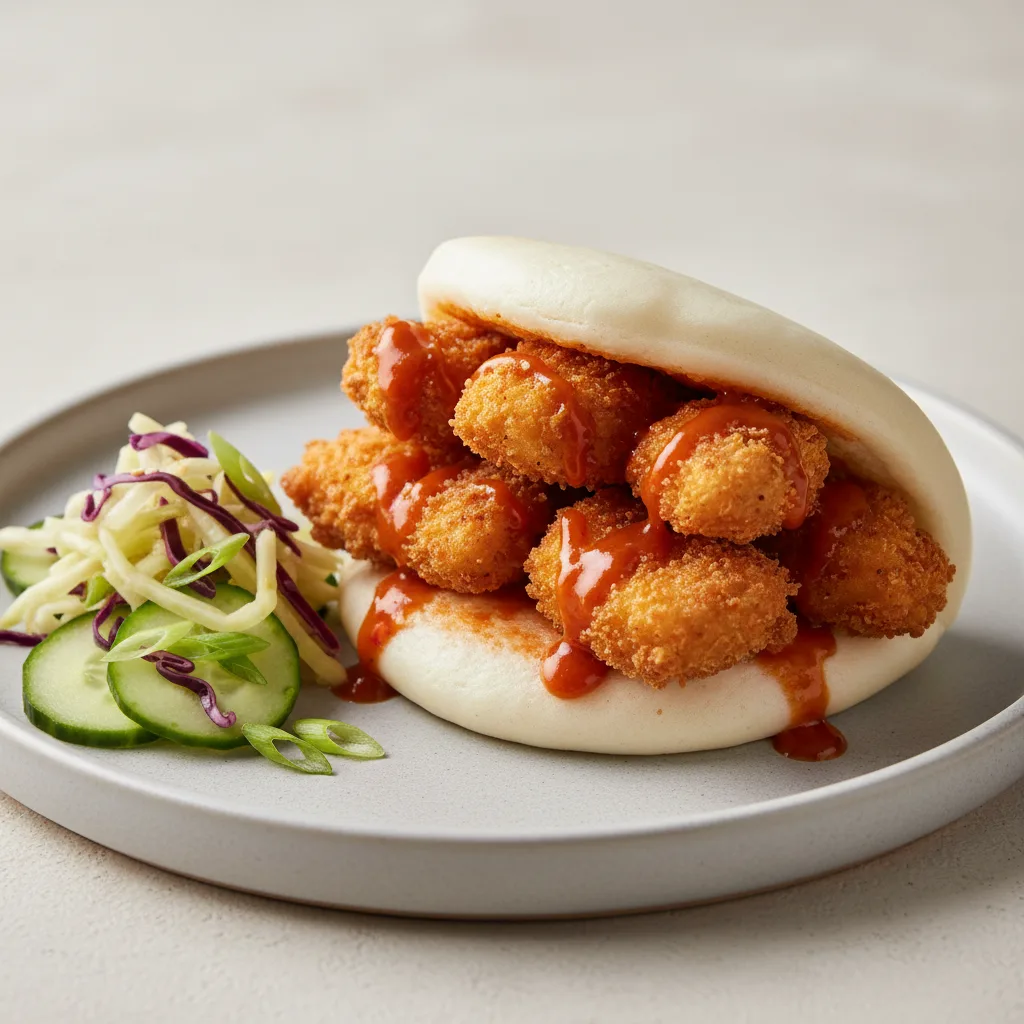 Bao Bun — Crispy Tempura Chicken with Korean Spice Bao Bun — Crispy Tempura Chicken with Korean Spice