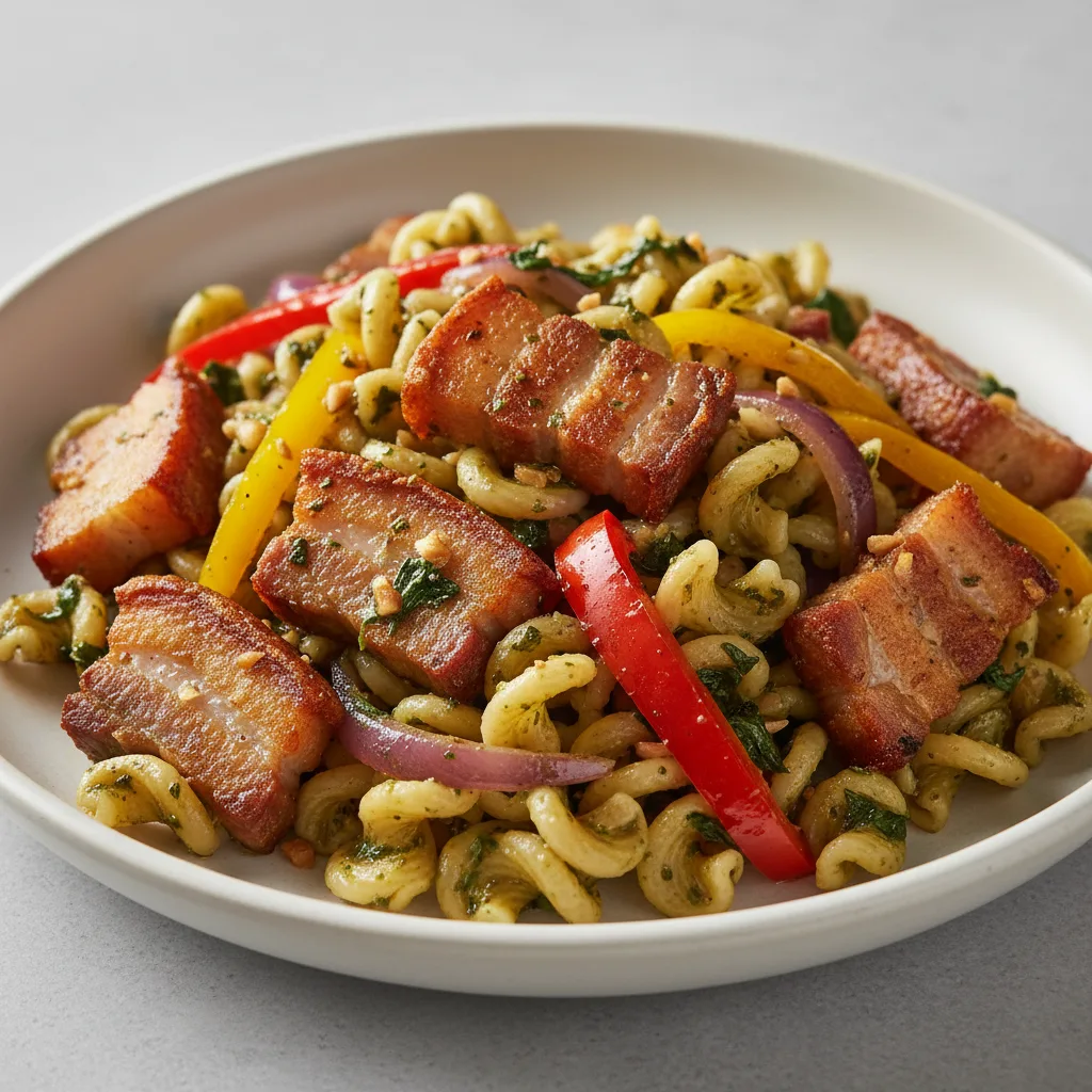 Kurobuta Pork Belly Pasta and Spicy Basil Sauce Kurobuta Pork Belly Pasta and Spicy Basil Sauce
