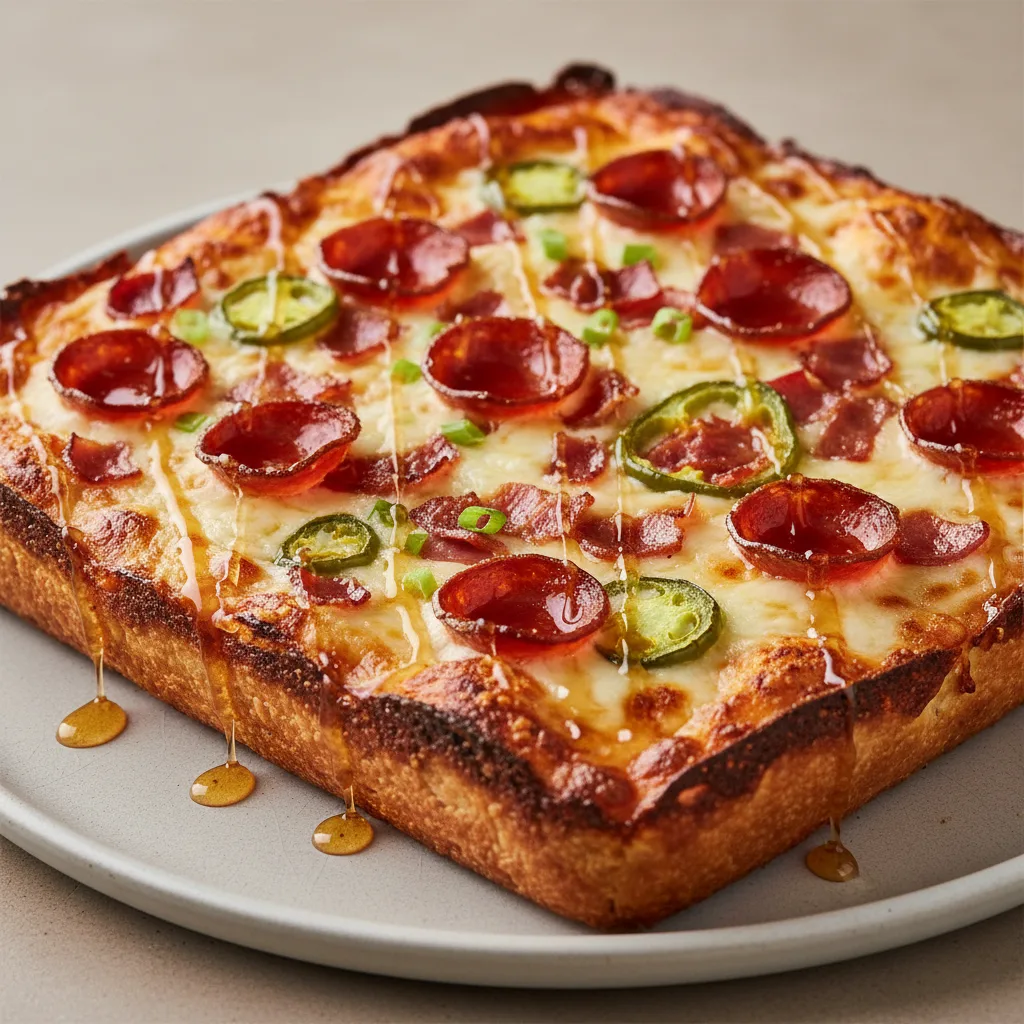 Detroit Style Firehouse Special with Honey Drizzle Pizza Detroit Style Firehouse Special with Honey Drizzle Pizza