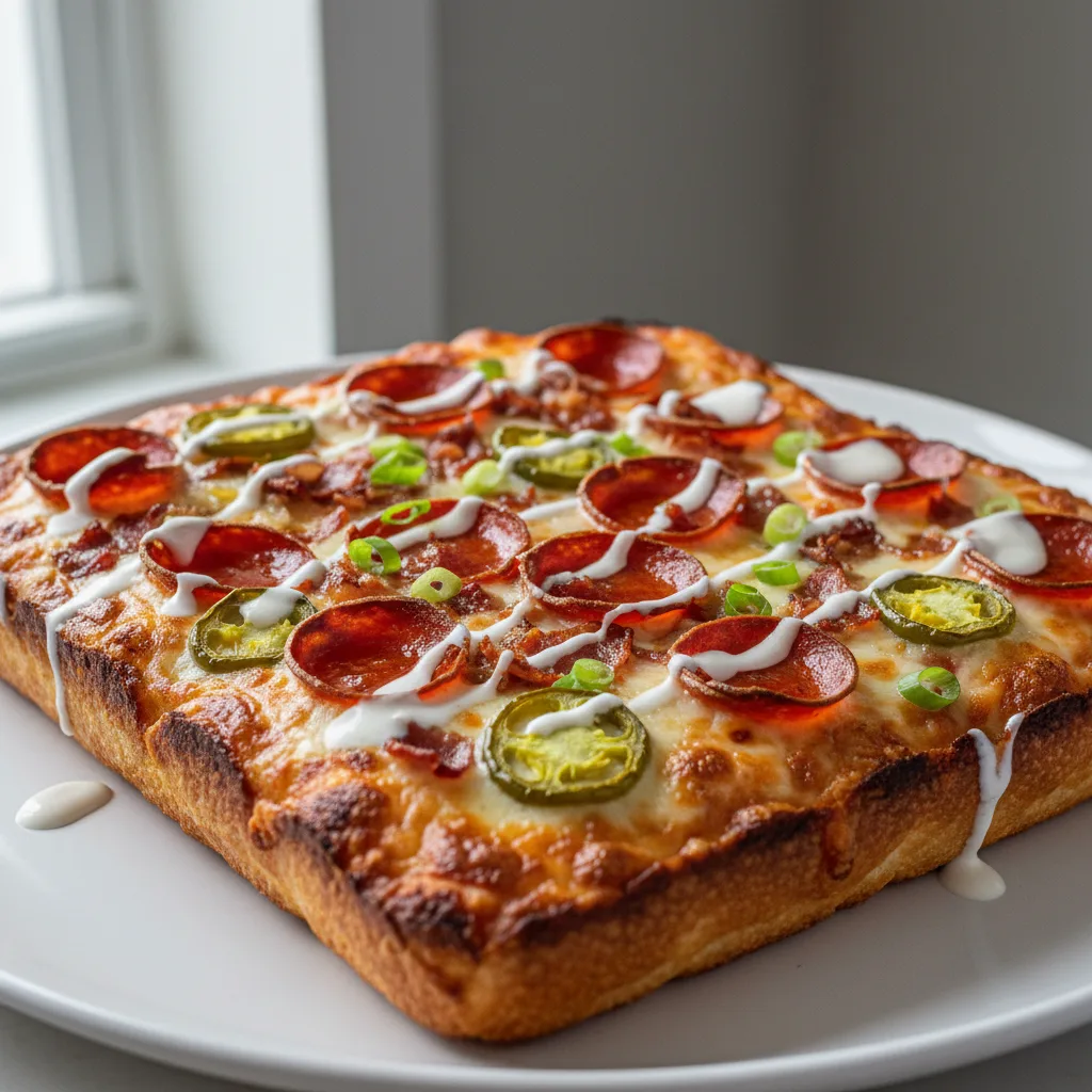 Detroit Style Firehouse Special with Ranch Drizzle Pizza Detroit Style Firehouse Special with Ranch Drizzle Pizza