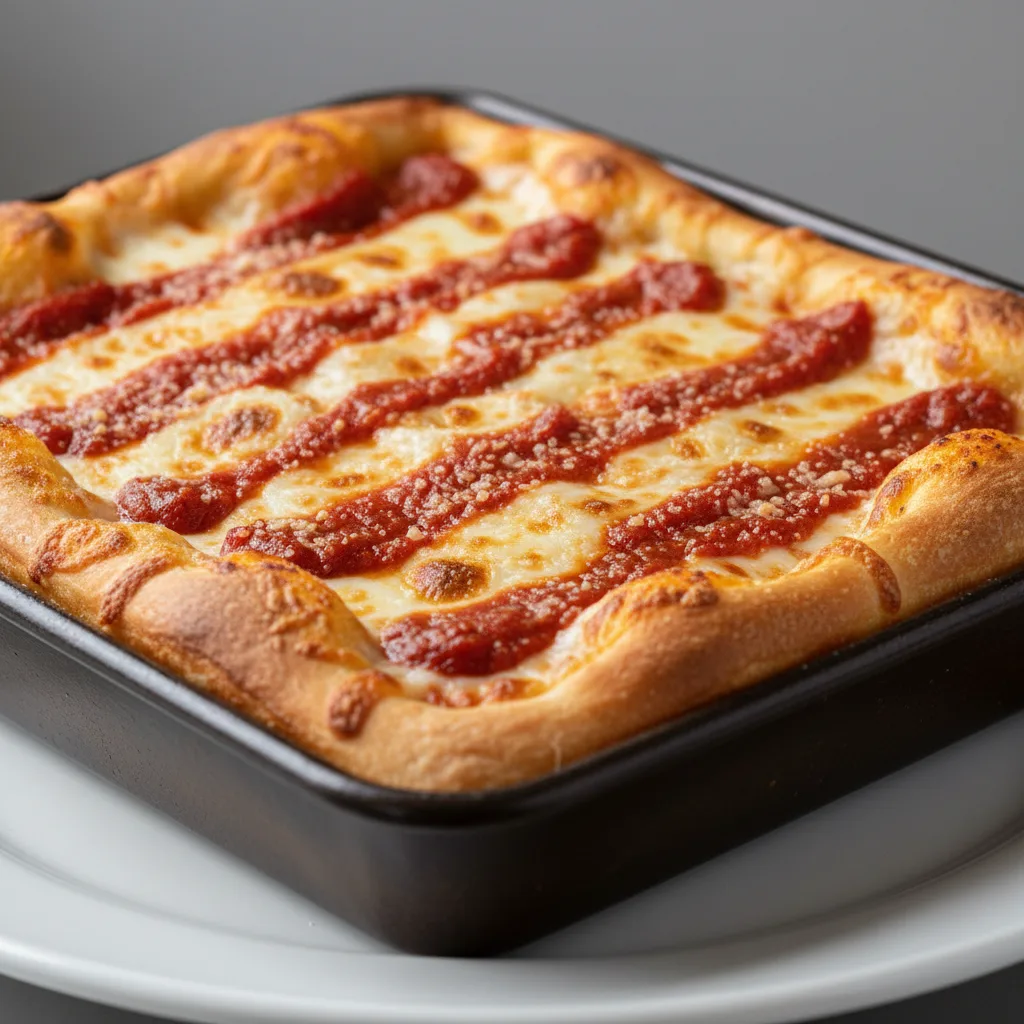 Detroit Style Three Cheese Red Top Pizza Detroit Style Three Cheese Red Top Pizza
