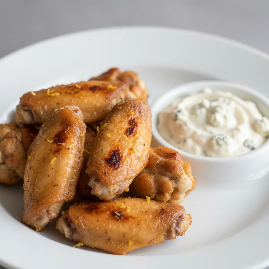Flame Roasted Lemon Chicken Wings with Creamy Blue Cheese Dipping Sauce Flame Roasted Lemon Chicken Wings with Creamy Blue Cheese Dipping Sauce