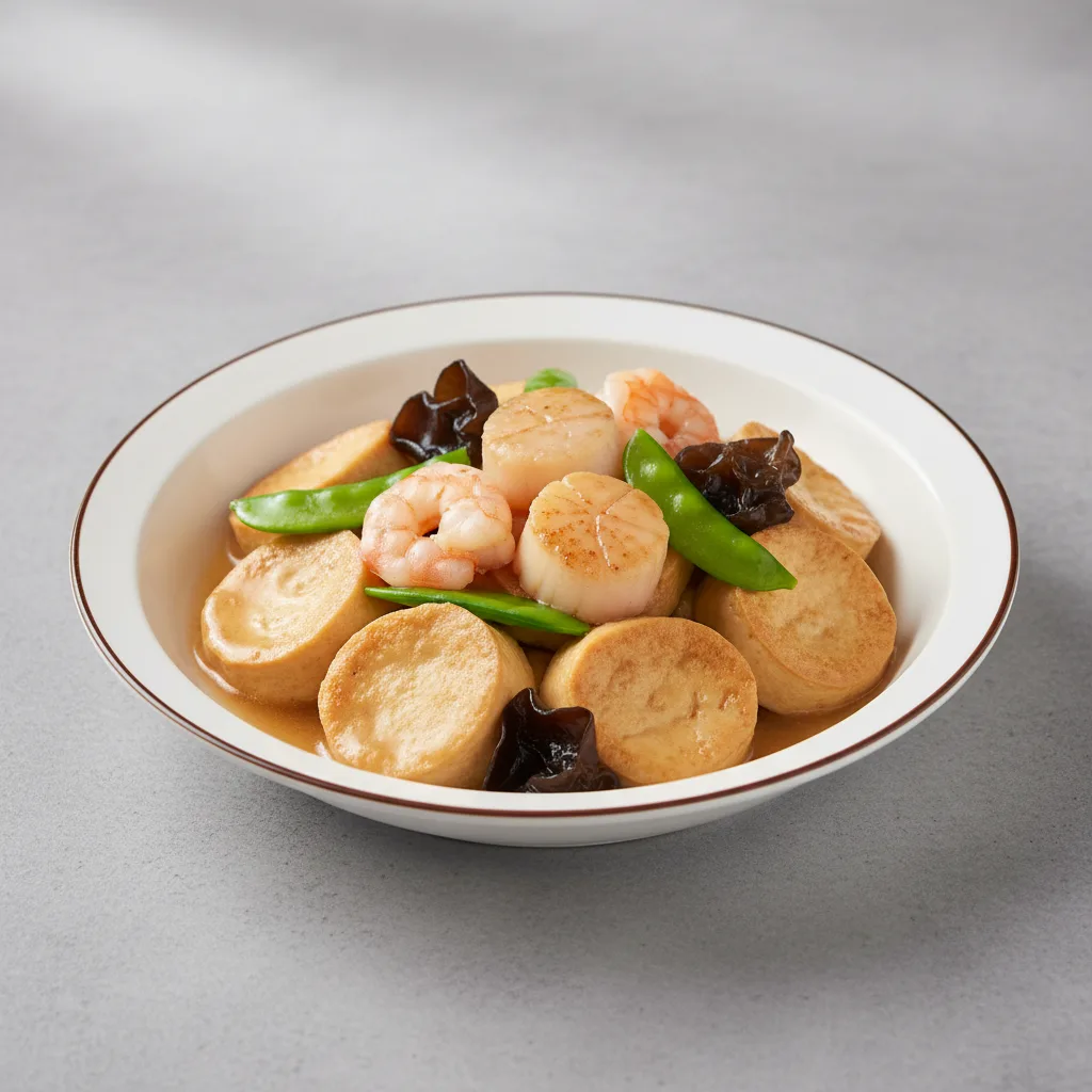 Braised Egg Tofu with Assorted Seafood