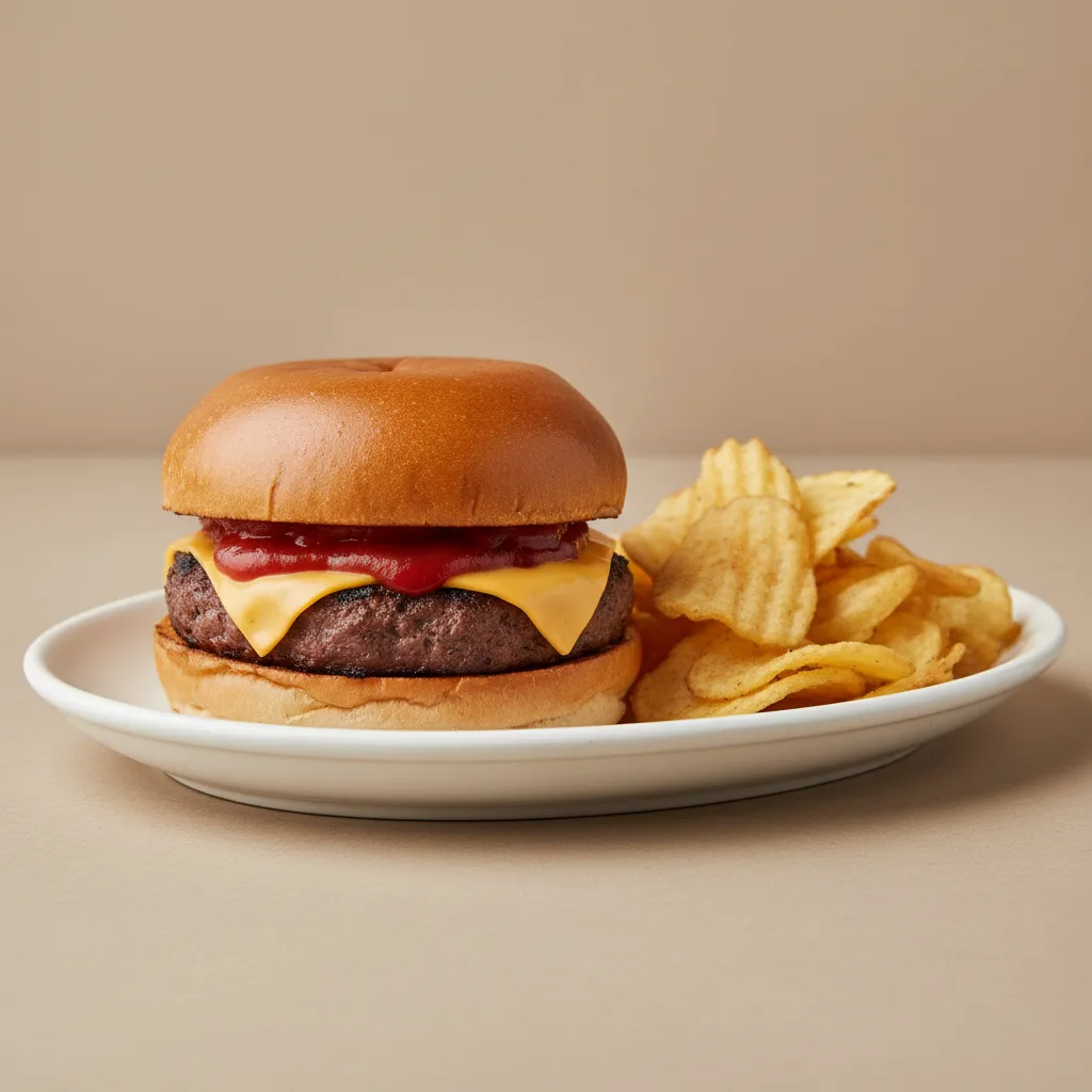 Beef Cheeseburger with Tomato Sauce and Chips Beef Cheeseburger with Tomato Sauce and Chips