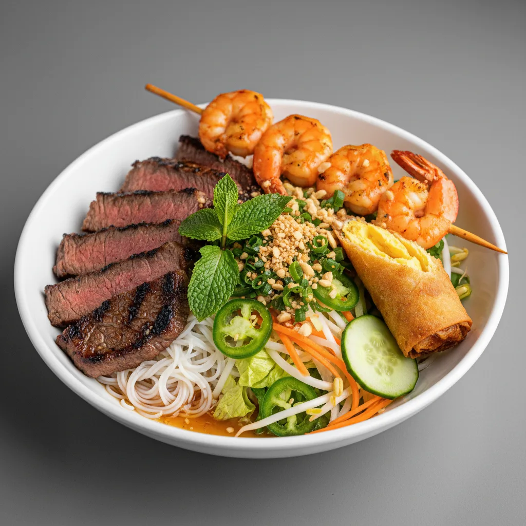 Grilled Ribeye, Shrimp Skewer, and Eggroll Vermicelli Grilled Ribeye, Shrimp Skewer, and Eggroll Vermicelli