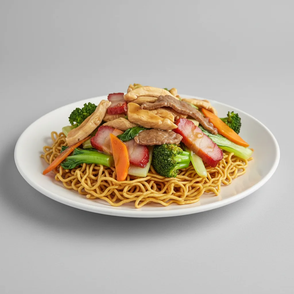 Combination Pan Fried Egg Noodles (Chicken, Beef and BBQ Pork)